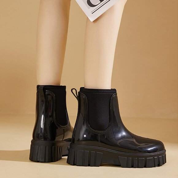 Women's Black Ankle Boots Waterproof Platform Rubber Chelsea Comfortable Shoes - Picture 2 of 6